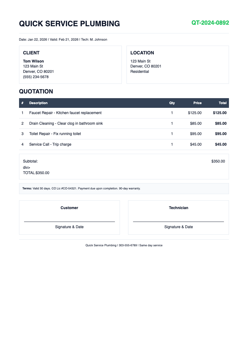 Streamlined plumbing quotation